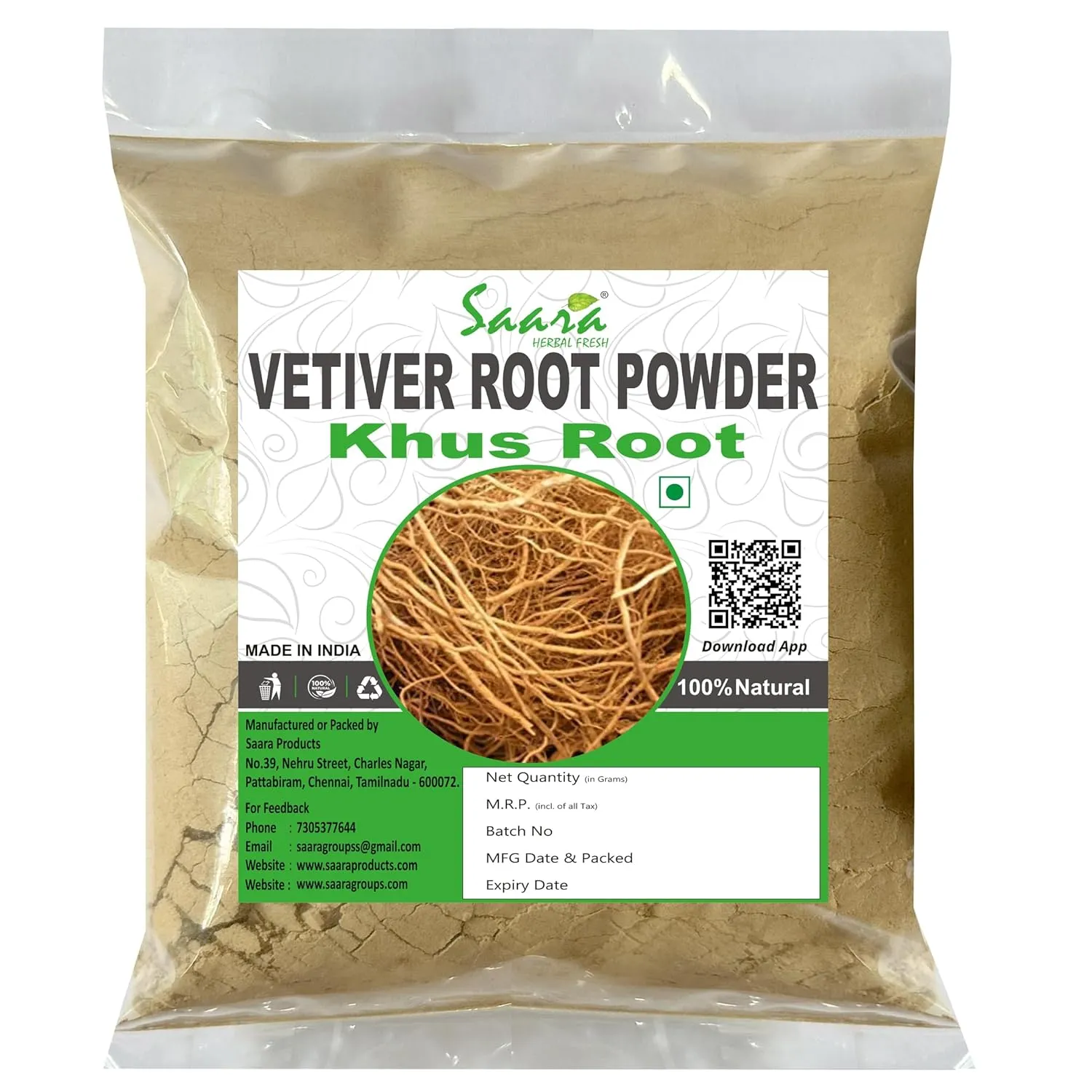 SAARA Vetiver Root Powder, Khus Root Powder, Vala, Kas Ramacham, Vetiveria Zizanioides Powder for Hair Growth, Face Scrub, Healthy Skin 100g